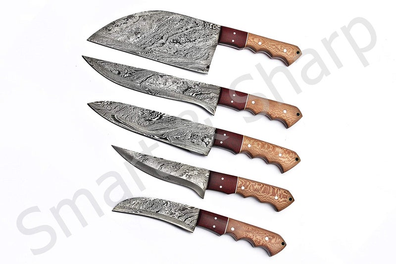 Smart & Sharp Custom Handmade Damascus Chef Knives Set/Kitchen Knives 5 Pieces Set SS-17210 and 17211 Poplar Wood (Poplar Wood) - Image 5